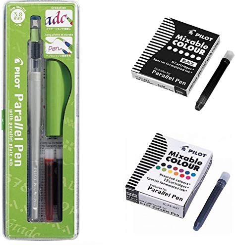 Set Parallel Pen Füllfederhalter 3,8 mm + 1 Box mit 12 Tintenpatronen Assorted + 1 Box 6 schwarze Patronen + 1 Haftnotiz Blumie von Blumie Shop