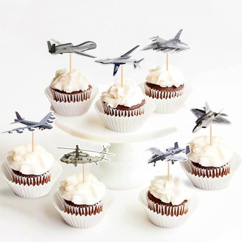 24 Stück Militärische Themen Kuchen Einsätze Militärische Cupcake Toppers Soldaten, Panzer, Flugzeuge Cupcake Toppers Picks Baby Shower Sportthema Feiern Party Kuchen Dekore von Blumomon