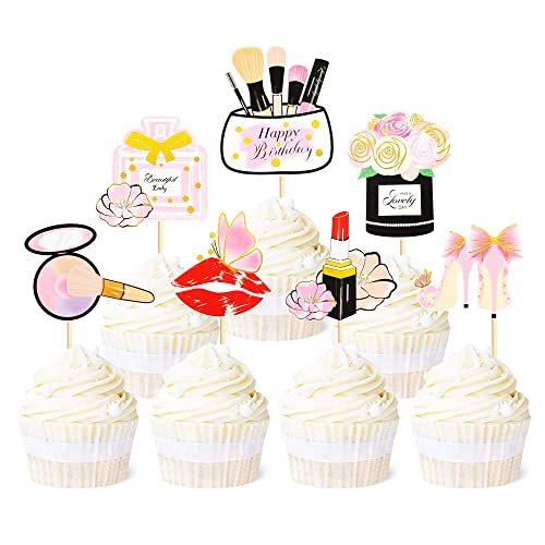 28 Stück Make-up-Cupcake-Topper, Kosmetik, Lippenstift, Wimpern, Kuchen-Picks, Make-up-Thema, Mädchen, Geburtstag, Party, Dekoration, Zubehör von Blumomon