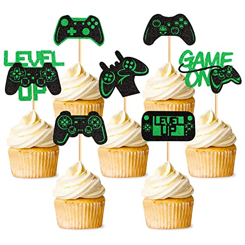28 Stück Videospiel-Kuchenaufsatz Gaming-Dekoration Level Up Videospiel-Cupcake-Aufsätze für Spiele-Motto-Partys Kindergeburtstag Babyparty-Party-Dekorationen von Blumomon