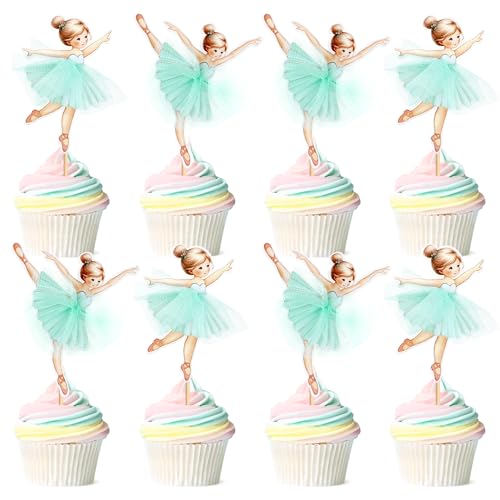 Ballerina-Cupcake-Topper, grünes Ballettmädchen, Cupcake-Topper, Ballett, Cupcake-Dekoration, Picks für Ballerina-Thema, Babyparty, Geburtstagsparty, Kuchendekoration, Zubehör, 24 Stück von Blumomon