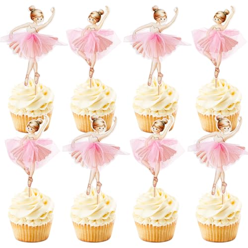 Ballerina-Cupcake-Topper, rosa Ballettmädchen, Cupcake-Topper, Ballett, Cupcake-Dekoration, Picks für Ballerina-Thema, Babyparty, Geburtstagsparty, Kuchendekoration, Zubehör, 24 Stück von Blumomon