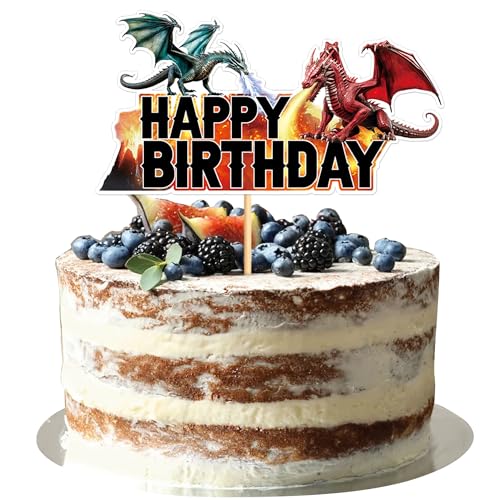 Blumomon 1 x Drachen-Happy Birthday-Kuchenaufsatz mit Glitzer-Dinosaurier-Kuchendekorationen für Babyparty, Kindergeburtstag, Drachen-Party-Dekoration von Blumomon