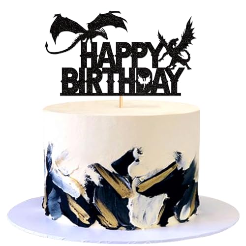 Blumomon 1 x Drachen-Happy Birthday-Kuchenaufsatz mit Glitzer-Dinosaurier-Kuchendekorationen für Babyparty, Kindergeburtstag, Drachen-Party-Dekoration von Blumomon