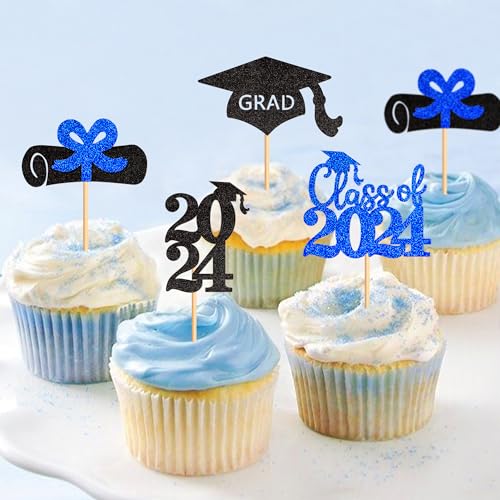 Blumomon 24 Stück Blau 2024 Gradation Cupcake Toppers Klasse von 2024 Grad Bachelorhut Kuchen Picks Dekorationen für 2024 Gradation Theme Party Supplies von Blumomon