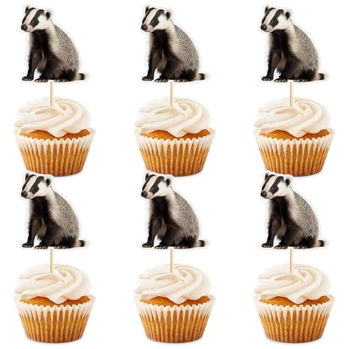 Blumomon 24 Stück Dachs Cupcake Topper Dschungel Safari Tiere Kuchen Dekoration Tiere Figur Kuchen Topper Picks für Babyparty Kindergeburtstag Party Supplie von Blumomon