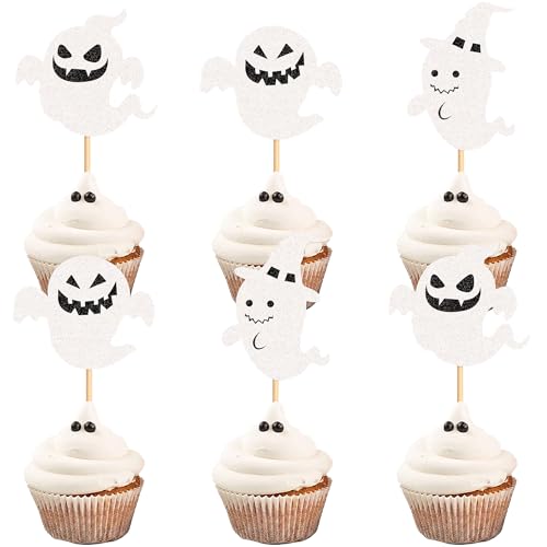 Blumomon 24 Stück Glitter Halloween Kuchen Dekoration Geburtstagsfeier Baby Duschparty Cartoon Gespenst Tortenaufsatz Kuchen Halloween Party Dekoration von Blumomon