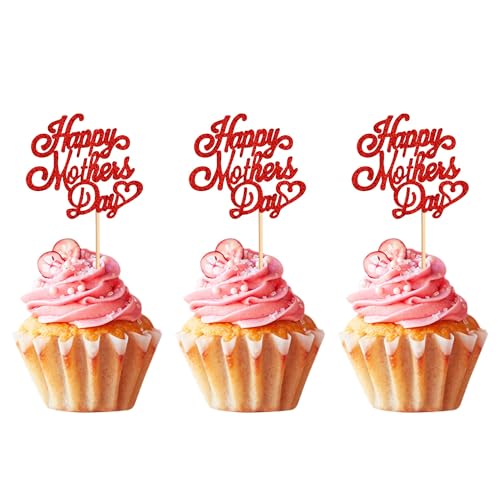 Blumomon 24 Stück Glitzer Happy Mothers Day Cupcake Topper Beste Mama Kuchendeko Mutter Cupcake Topper für Muttertag Party Kuchendeko von Blumomon