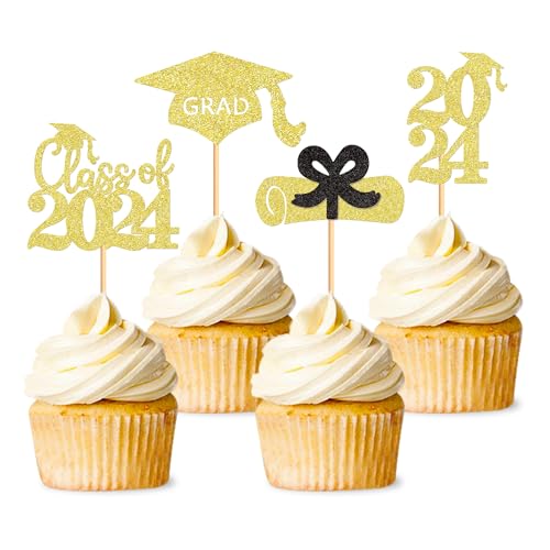 Blumomon 24 Stück Gold 2024 Gradation Cupcake Toppers Klasse von 2024 Grad Bachelorhut Kuchen Picks Dekorationen für 2024 Gradation Theme Party Supplies von Blumomon