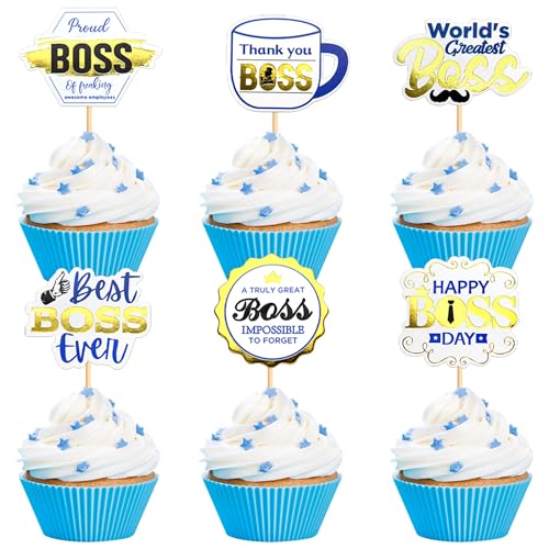 Blumomon 24 Stück Happy Boss Day Cupcake Toppers Blaue Boss Day Cupcake Toppers Bester Boss Danke Boss Cake Picks für Boss Thema Gender Reveal Geburtstagsfeier Kuchen Dekoration Zubehör von Blumomon
