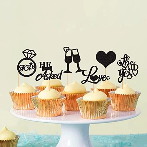 Blumomon 24 Stück "He Asked She Said Yes Cupcake-Topper, schwarzer Glitzer, Liebesherz, I Do-Ring, Cupcake, Lebensmittel-Plektren für Hochzeit, Verlobung, Brautparty, Party, Kuchendekoration Blumomon 24 Stück "He Asked She Said Yes Cupcake-Topper, schwarzer Glitzer, Liebesherz, I Do-Ring, Cupcake, Lebensmittel-Plektren für Hochzeit, Verlobung, Brautparty, Party, Kuchendekoration von Blumomon