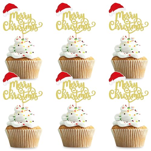Blumomon 24 Stück Merry Christmas Cupcake-Topper golden Weihnachts-Kuchen-Topper Zahnstocher-Flaggen für Weihnachtskuchen-Dekoration Weihnachtsfeier Feiertagsbedarf von Blumomon