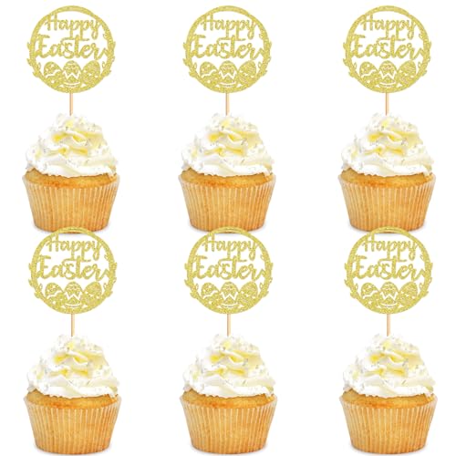 Blumomon 24 Stück Ostereier Cupcakes Gold Glitzer Happy Easter Cupcake Topper Ei Cupcake Topper für Ostern Party Kuchen Dekorationen von Blumomon