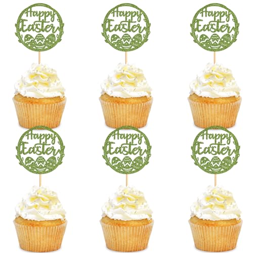 Blumomon 24 Stück Ostereier Cupcakes Grün Glitzer Happy Easter Cupcake Topper Ei Cupcake Topper für Ostern Party Kuchen Dekorationen von Blumomon
