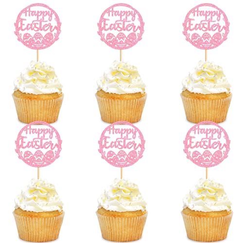 Blumomon 24 Stück Ostereier Cupcakes rosa Glitzer Happy Easter Cupcake Topper Ei Cupcake Topper für Ostern Party Kuchen Dekorationen von Blumomon