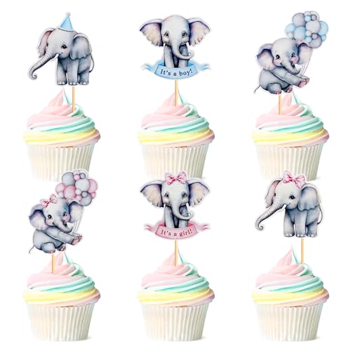 Blumomon 24 Stück rosa oder blaue Elefanten-Cupcake-Topper, Glitzer-Elefanten-Thema, Kuchendekorationen für Jungen oder Mädchen, Kuchendekorationen für Geschlecht offenbaren, Babyparty, von Blumomon