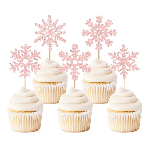 Blumomon 25 Stück Pack Schneeflocke Cupcake Topper Glitter Doppelschicht Winter Frozen Cake Topper für Geburtstagsfeier Weihnachten Hochzeitsfeier Kuchen Dekorationen Partyzubehör von Blumomon