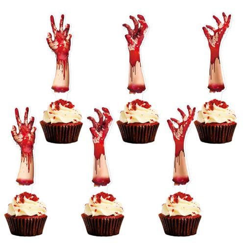 Blumomon 30 Stück Blutige Hand-Cupcake-Topper – doppelseitige Halloween-Horror-Geburtstagsparty-Kuchendekorationen Blumomon 30 Stück Blutige Hand-Cupcake-Topper – doppelseitige Halloween-Horror-Geburtstagsparty-Kuchendekorationen von Blumomon