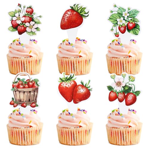 Blumomon 30 Stück Erdbeer Obst Papier Cupcake Topper Obst themed Party Dekoration, Kinder Happy Birthday Kuchen Topper Kuchen Dekorationen für Baby Partys, Hochzeiten, Partys und Geburtstagsfeiern von Blumomon