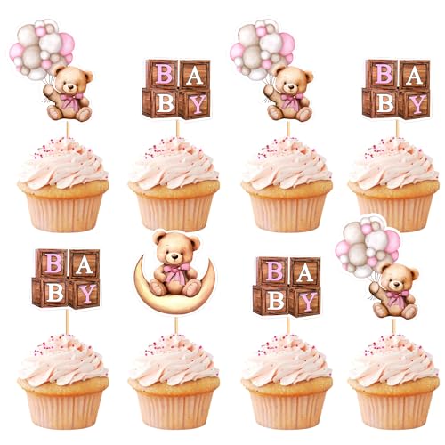 Blumomon 36 Stück Bär Cupcake Toppers Glitzer Bärenkopf Baby Shower Cupcake Picks Kinder Jungen Mädchen Geburtstag Party Kuchen Dekorationen Supplies Bär-36-rosa von Blumomon