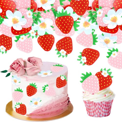 Blumomon 40 Stück Essbar Erdbeeren Cupcake Topper Erdbeeren Geburtstags Kuchen Deckel Dekorationen für Kinder geburtstags Party Dekoration Bauernhof Thema Party Zubehör von Blumomon