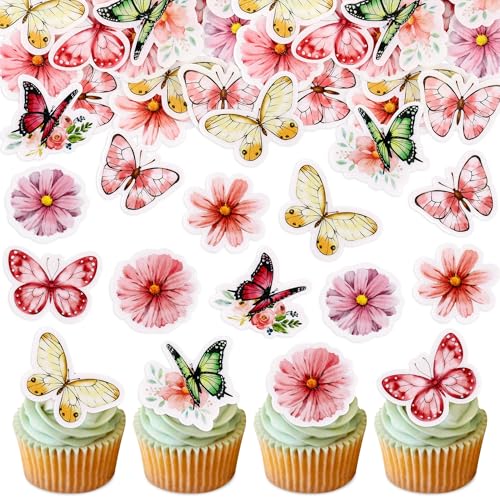 Blumomon 48 Stück Essbare Blumen Cupcake Toppers Schmetterlinge Tortenaufleger Hochzeit Baby Dusche Party Hochzeit Jahrestag Geburtstag Party Cupcake Dekoration von Blumomon