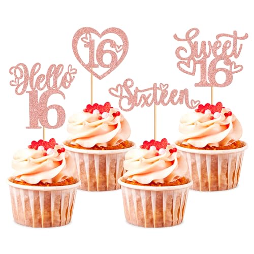 Blumomon Cupcake-Aufsätze, 16 Stück, Roségold, Glitzer, 16 Stück, für Kinder, 16. Geburtstag, Jahrestag, Party, Kuchendekoration, 24 Stück von Blumomon