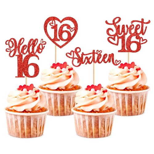 Blumomon Cupcake-Aufsätze, 16 Stück, Rotgold, Glitzer, 16 Stück, für Kinder, 16. Geburtstag, Jahrestag, Party, Kuchendekoration, 24 Stück von Blumomon