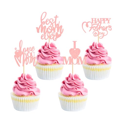 Blumomon Cupcake-Aufsätze "Happy Mothers Day", rosa Glitzer, für Mütter, Liebe, Mutter, Kuchendekoration, Rose, beste Mutter, Cupcake-Picks für Muttertag, Party-Dekorationen, 24 Stück von Blumomon