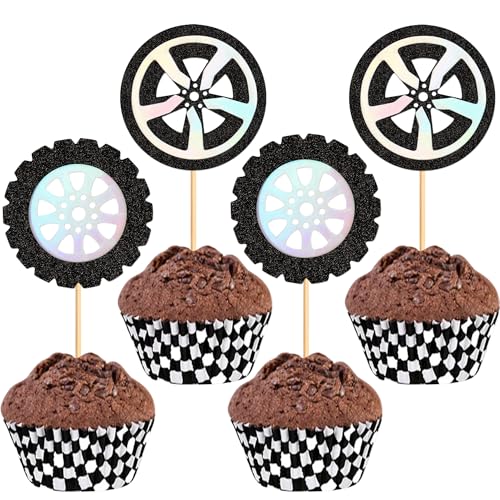 Blumomon Cupcake-Aufsätze mit Rennrad, glitzernd, Rennrad, Rennwagen, Cupcake-Picks für Rennsport, Motto-Party, Babyparty, Jungen, Geburtstagsparty, Kuchenzubehör, 24 Stück von Blumomon