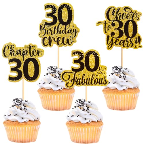 Blumomon Cupcake-Topper "Happy 30th Birthday", Kuchendekoration "Cheers to 76.2 cm, Kuchendekoration für 30. Geburtstag, Party-Dekoration, 30. Jahrestag, Kuchendekoration (Gold), 24 Stück von Blumomon
