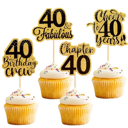 Blumomon Cupcake-Topper "Happy 40th Birthday", Kuchendekoration zum 40. Geburtstag, Party-Dekoration, 40. Jahrestag, Kuchendekoration (Gold), 24 Stück von Blumomon