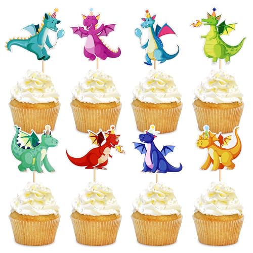 Blumomon Cupcake-Topper mit Drachen-Motiv, glitzernde Dinosaurier-Kuchendekorationen für Babyparty, Kindergeburtstag, Drachen-Themenparty, Dekoration, Zubehör, 24 Stück von Blumomon