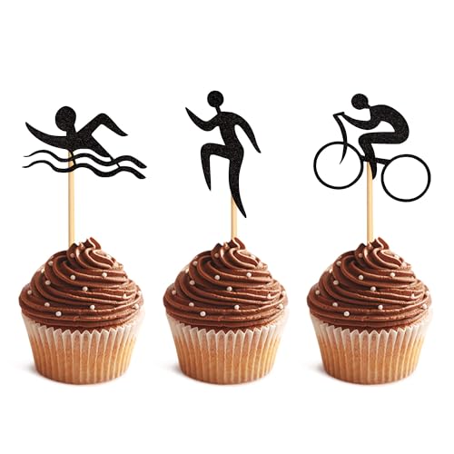 Blumomon Cupcake-Topper mit Schwimm-Fahrradlauf, schwarzer Glitzer, Triathlon, Cupcake-Picks, Sportthema, Cupcake-Topper, Babyparty, Geburtstag, Sport, Motto-Party, Kuchendekoration, 24 Stück von Blumomon