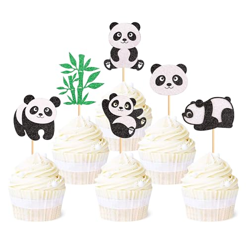 Blumomon Glitzer-Panda-Cupcake-Topper mit grünen Bambus-Cupcake-Picks für Panda-Thema, Babyparty, Kindergeburtstag, Party, Kuchendekoration, Panda-Kuchendekoration, 24 Stück von Blumomon