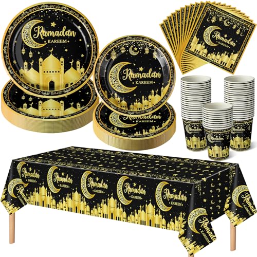 Blushtier Ramadan Eid Mubarak Partygeschirr-Set für 24 Gäste, inklusive 22,9 cm Speiseteller, 17,8 cm Dessertteller, 266 ml Becher, Eid Mubarak Servietten, Tischdecke für Ramadan-Dekorationen (Schwarz von Blushtier