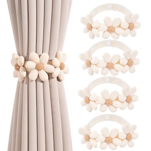 4 Stück Vorhänge Raffhalter Blumen Dekor Gestrickte Vorhang Halter Handgefertigte Elastische Raffhalter Dekorative Vorhang für Haus, Büro, Wohnzimmer, Fenster Dekoration Beige von Bluweet