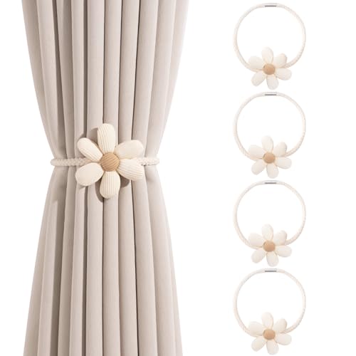 Magnetische Vorhänge Raffhalter Blumen 4 Stück Dekor Gestrickte Vorhang Halter Handgefertigte Elastische Raffhalter Dekorative Vorhang für Haus, Büro, Wohnzimmer, Fenster Dekoration Beige Boho von Bluweet