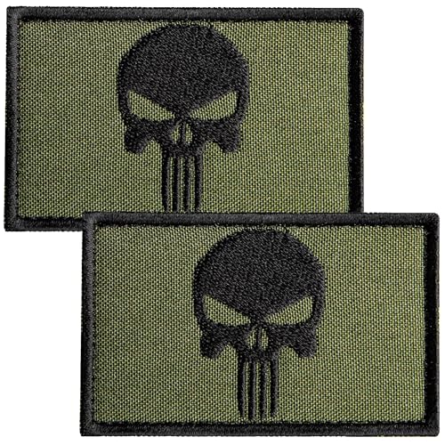 Bluyellow Totenkopf-Patch-Set mit Klettverschlüssen, bestickte taktische Patches für Rucksack, Helm, taktische Weste, Hundeweste, Moral-Patches zum Aufnähen, Olivgrün, 5,1 x 7,6 cm, 2 Stück von Bluyellow