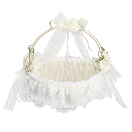 BlyeMichdi Weiß Hochzeit Blumenkorb, Dekorative mit Feenspitze und Schleife, Blumen Korb Schneespitze, Spitze Hochzeit Blumenmädchen Körbe Tragbare Geschenkkorb von BlyeMichdi