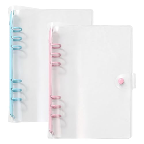 Bncxdc Ringordner A5, 2 Pack transparente, wasserfeste PVC weicher 6-Ring-Notizbucheinband für lose Blätter, nachfüllbarer runder Ringordner für Notizbücher mit Druckknopfverschluss, 23,7 x 17 cm von Bncxdc