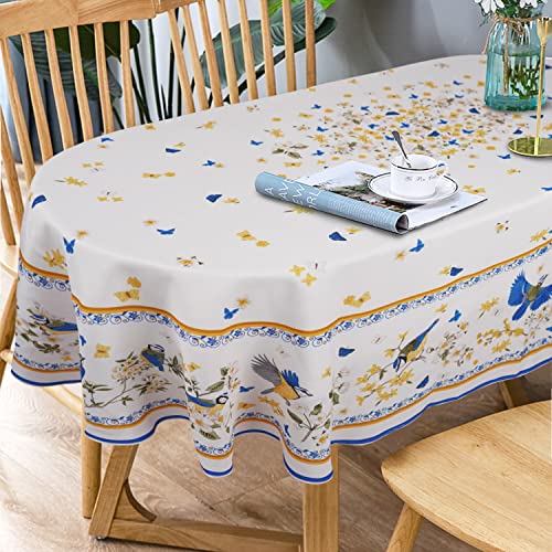 Ovale Tischdecke, blaue Blumenmuster, französische ovale Tischdecke, bedruckt, florales Vogel-Tischdecke, Stoff für drinnen und draußen, französische Tischdecke für ovale Tische, 152x213 cm von Bnejvif