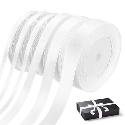6 Rollen Geschenkband Weißes Satinband Weiss Schleifenband, Breit 6/10/15/20mm x 22m Polyester Dekoband für Luftballons Hochzeit Geburtstag Party Deko DIY Geschenkverpackung Geschenk Bands von Bnnrjia