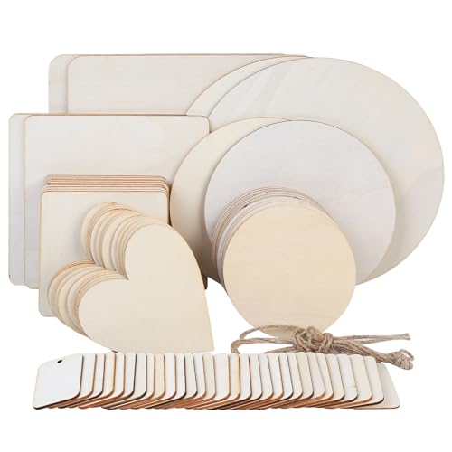 70 STK Unvollendete Holzplatte zum Basteln, Unbehandeltes Quadratische Rund Holzscheiben zum Basteln, Holzherzen zum Beschriften für Holzbrettchen DIY Brandmalerei Bastelset Rohlinge(8 Größen) von Bnnrjia