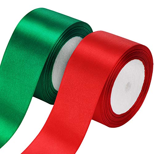 2 Rollen Weihnachten Satin Band Doppelseitig Polyester Satinband Breite Feste Satinband für Weihnachten Hochzeit Geschenk Verpackung Handwerk Dekoration Gefälligkeiten (Rot, Grün, 2 Zoll) von Boao