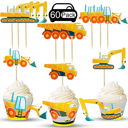 60 Stück BAU Thema Cupcake Wrapper und Topper LKW Bagger Kuchen Picks Dekorationen für Baby Dusche Geburtstag Party Bedarf von Boao