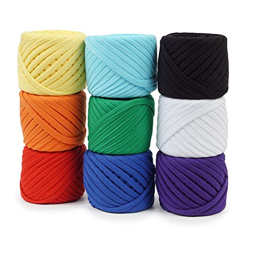 T-Shirt Garn Fettuccini Zpagetti Set - 9 Baumwollgarn-Bälle, 180m Gesamt - Kit Zum Häkeln, Stricken, Makramee - Organisches T-Garn, Baumwollband - Regenbogen-Set von Bobilon