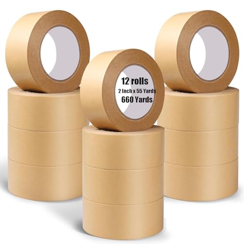 12 Rollen Klebeband aus verstärktem Kraftpapier,Kraftpapierband Bulk 50mmx55 Yardx7 mil Gummiband zum Markieren,Versiegeln von Box, Maskieren,Versand,Starkes Klebeband leicht zu reißen wasserdichtes von Boboeitody