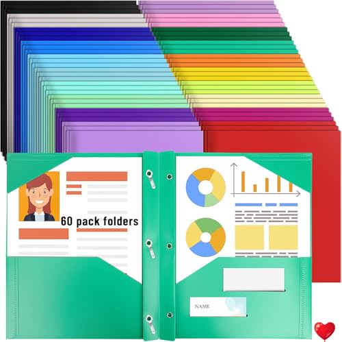 60 Stück Kunststoff Ordner mit 3 Pings Befestigungen, 20 Farben 2 Taschen Ordner mit Brads & Visitenkartenhalter für Briefgröße Papier, Heavy Duty Ordner für Schule Home Office und Business,Reisen von Boboeitody