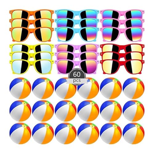 Boboeitody 60 Stk Sonnenbrille Party Bevorzugungen für Kinder 30 Neon Sonnenbrille 30 Stk 12" Beach Balls Kid Boys Mädchen Graduation Party Zubehör für (30 Neon Sonnenbrille &30Stk 12" Beach Balls) von Boboeitody